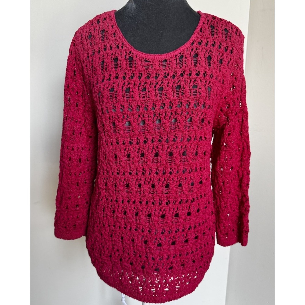 Chico's Open Knit Crochet Pullover Sweater XL Boho Comfy Cotton Fuchsia‎ Hippie